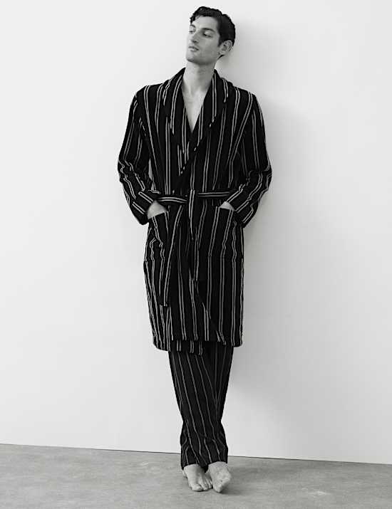 Pure Cotton Velour Striped Dressing Gown