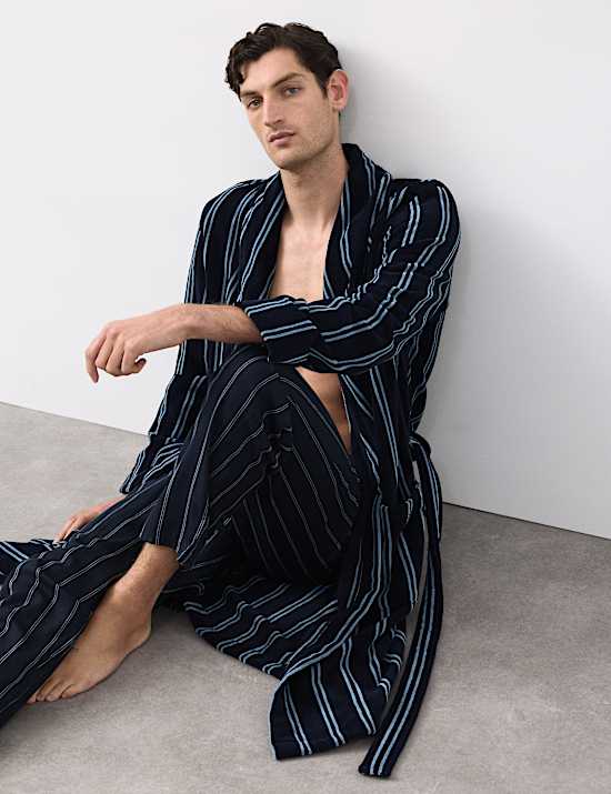 Pure Cotton Velour Striped Dressing Gown