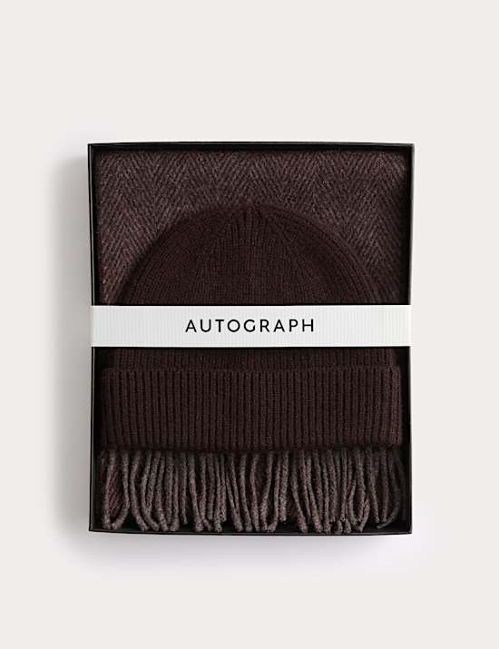 Σετ πλεκτός σκούφος και κασκόλ με μοτίβο ψαροκόκαλο από μαλλί Merino