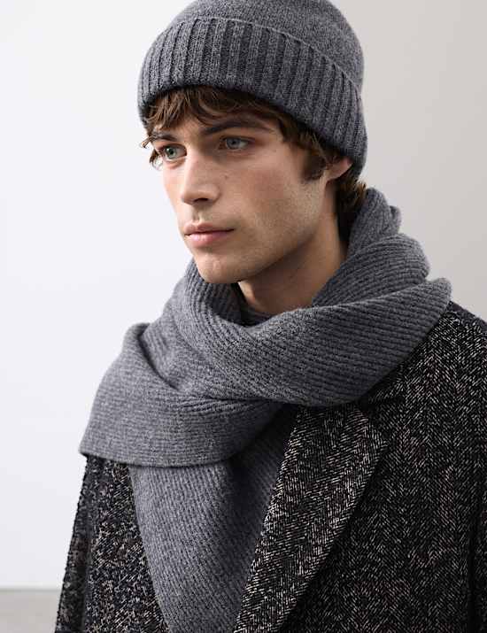 Merino Wool Ribbed Knitted Hat & Scarf Set