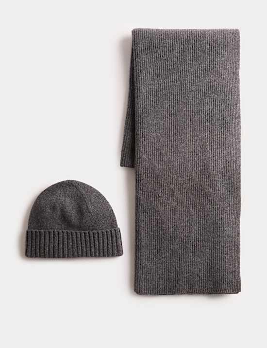 Merino Wool Ribbed Knitted Hat & Scarf Set