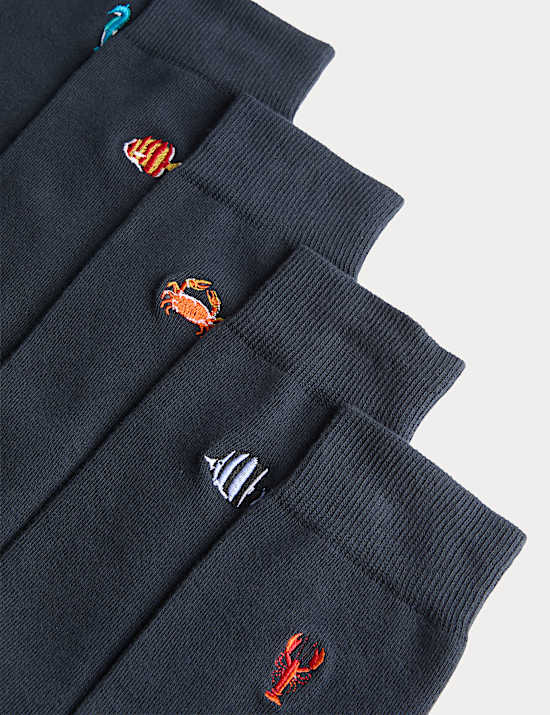 מארז 5 זוגות גרבי Cool & Fresh&trade;&lrm; מבד עשיר בכותנה בדוגמת יצורי ים