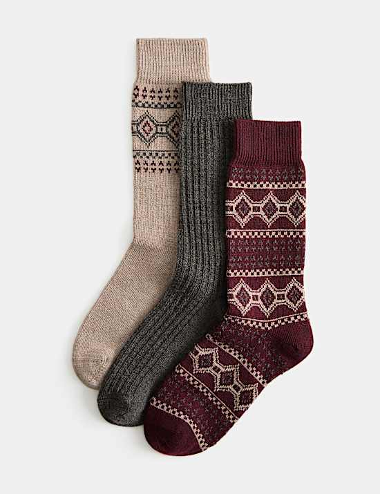 3 Pack Patterned Socks with Wool