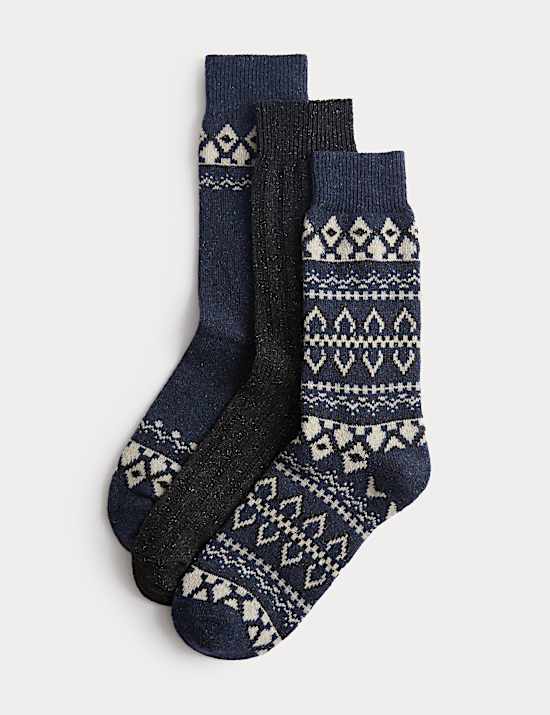 3pk Fair Isle Wool-Blend Boot Socks with Silk