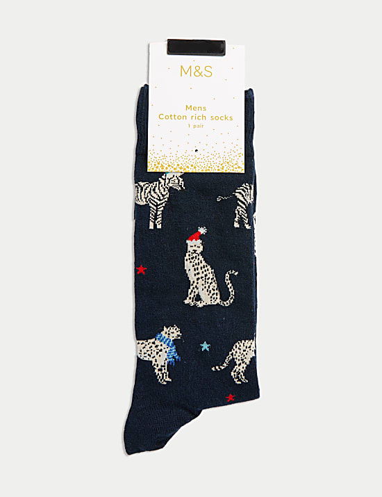 Cotton Rich Zebra Cheetah Christmas Socks