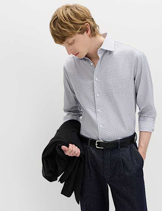 Camisa texturizada ajustada de planchado f&aacute;cil de algod&oacute;n premium