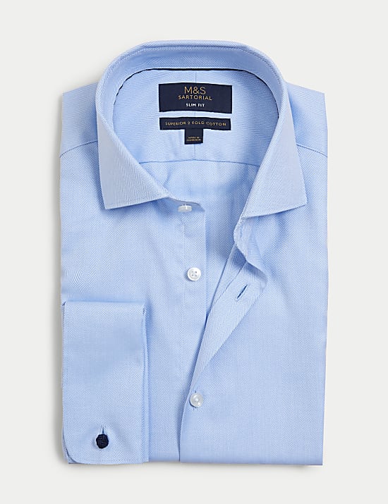 Slim Fit Double Cuff Herringbone Shirt