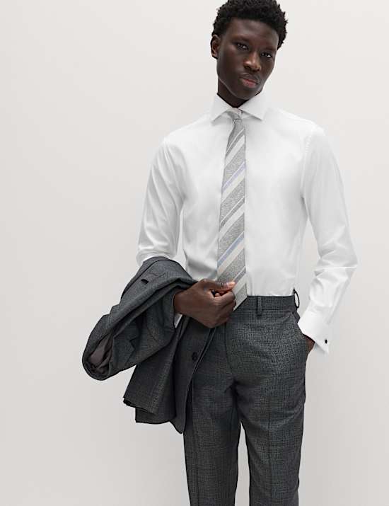 Kemeja Kasual Twill Katun Mewah Slim Fit Manset Ganda