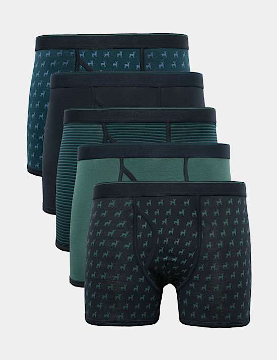 5 Pack Cotton Stretch Stag Print Trunks