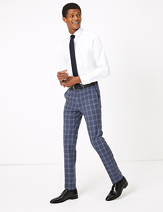 Blue Skinny Fit Checked Suit Trousers