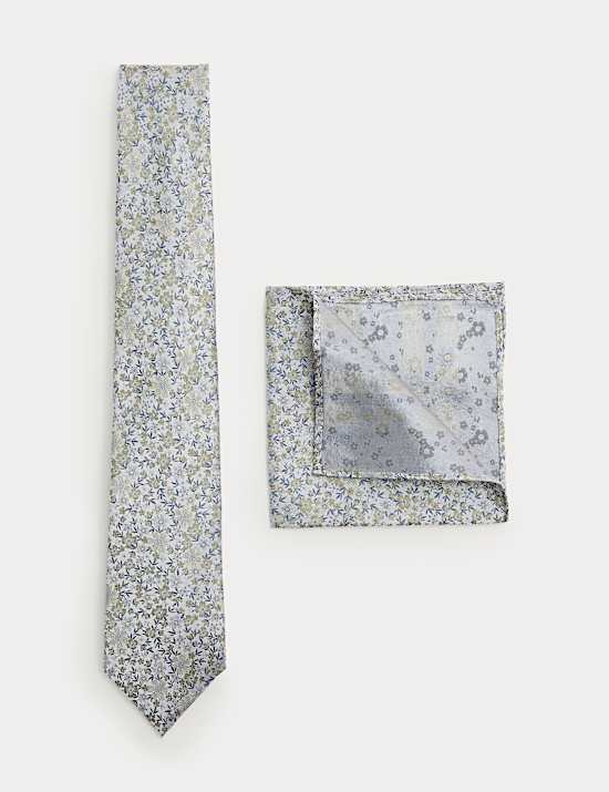 Pure Silk Small Floral Tie and Hank Set