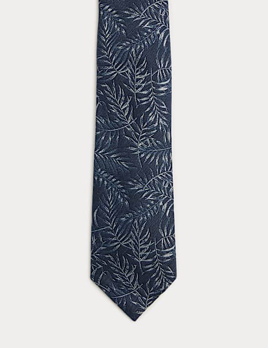 Stropdas van zijde en linnenmix met bladprint