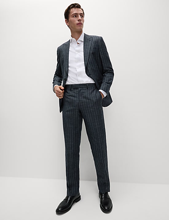 Regular Fit Wool Linen Blend Pinstripe Suit Trousers