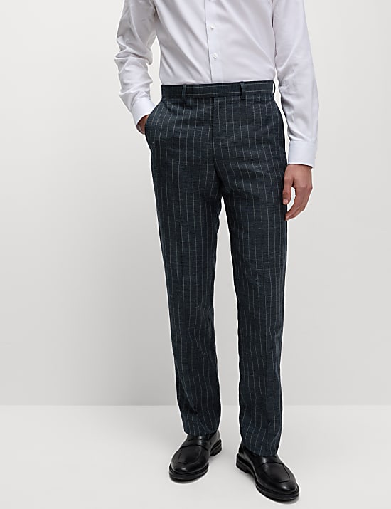 Regular Fit Wool Linen Blend Pinstripe Suit Trousers
