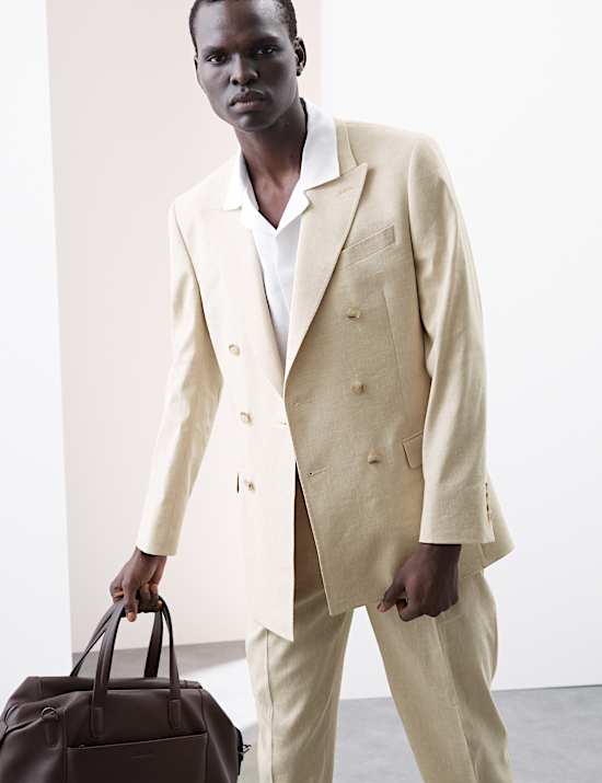Tailored Fit Italian Performance Linen Blend Double Breasted Suit Jacket