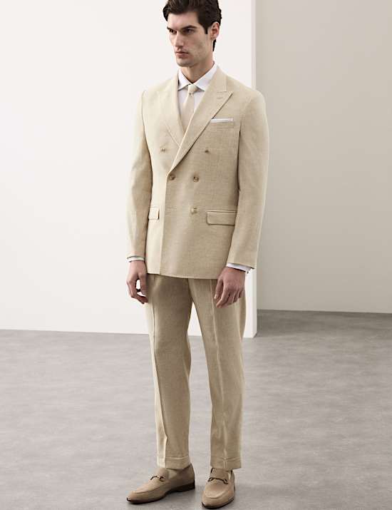 Tailored Fit Italian Performance Linen Blend Double Breasted Suit Jacket