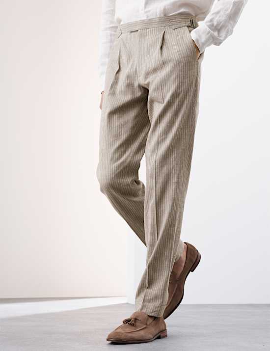 Tailored Fit Italian Performance Linen Blend Pinstripe Suit Trousers