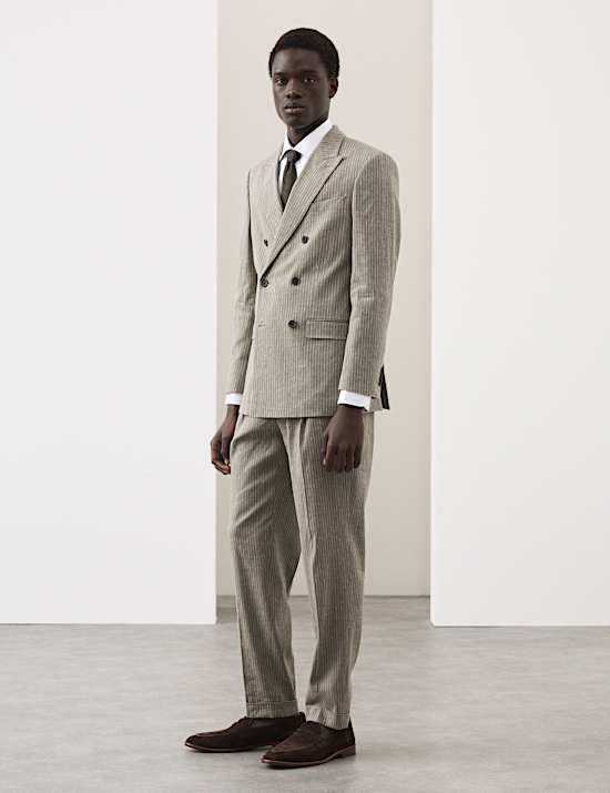 Tailored Fit Italian Performance Linen Blend Pinstripe Suit Trousers