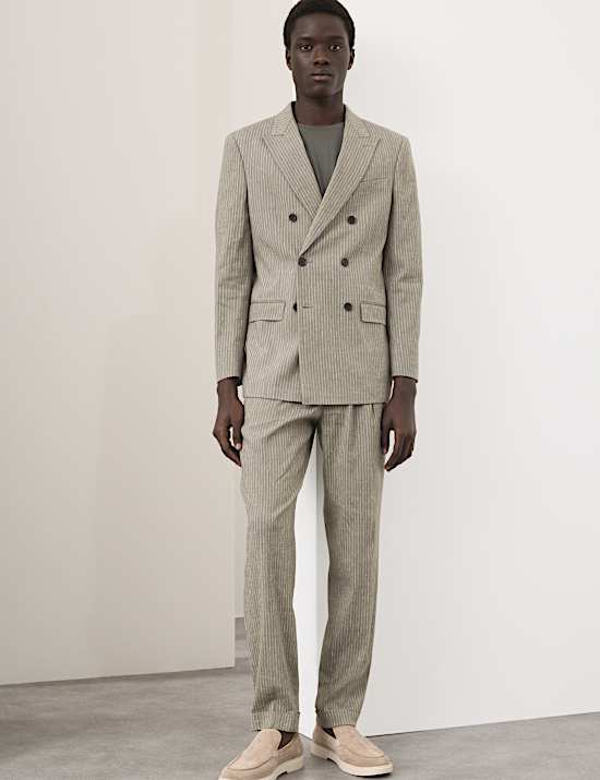 Tailored Fit Italian Performance Linen Blend Pinstripe Suit Trousers