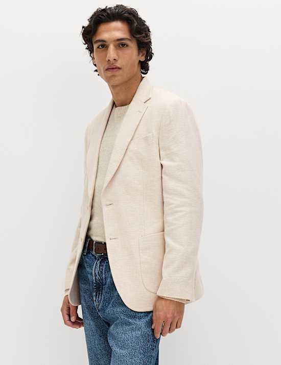 Tailored Fit Linen Cotton Blend Herringbone Blazer