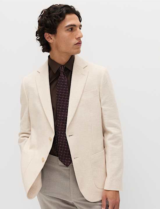 Tailored Fit Linen Cotton Blend Herringbone Blazer