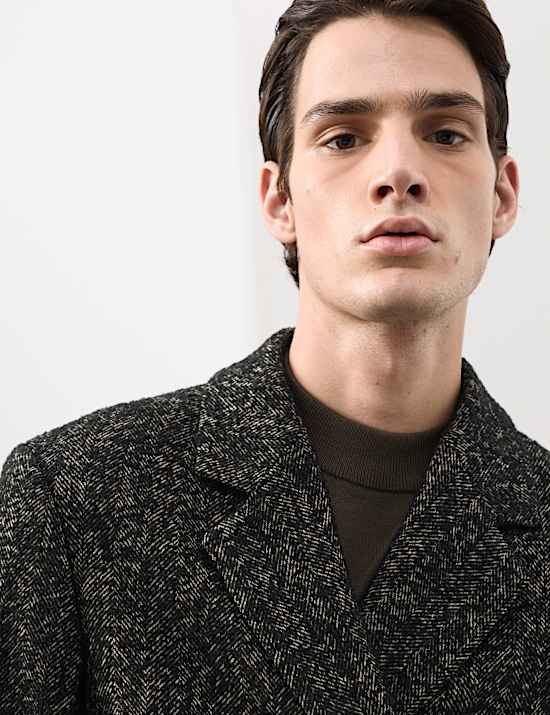 Wool Blend Herringbone Boucle Revere Overcoat