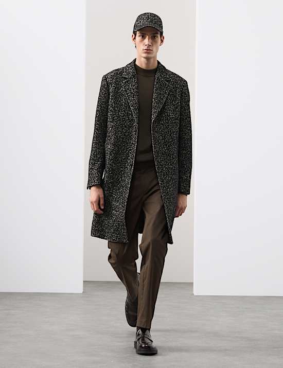 Wool Blend Herringbone Boucle Revere Overcoat