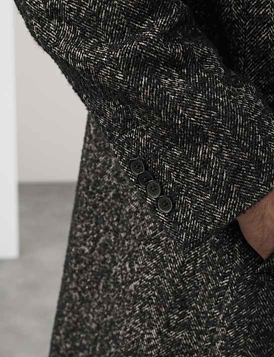 Wool Blend Herringbone Boucle Revere Overcoat