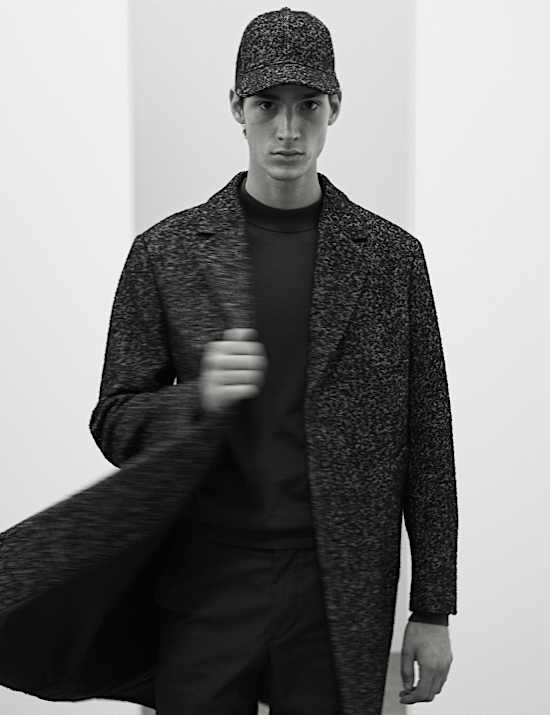 Wool Blend Herringbone Boucle Revere Overcoat