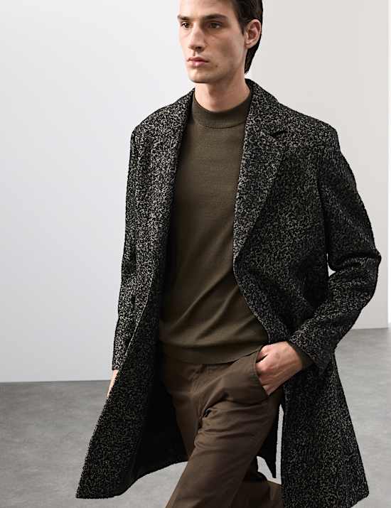 Wool Blend Herringbone Boucle Revere Overcoat