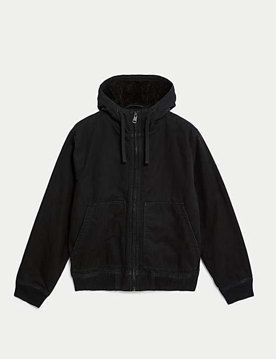 Pure Cotton Hooded Borg Lined Canvas Jacket