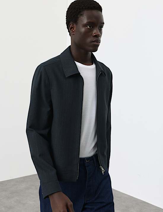 Cotton Blend Textured Harrington Jacket