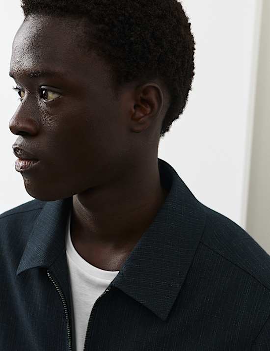 Cotton Blend Textured Harrington Jacket