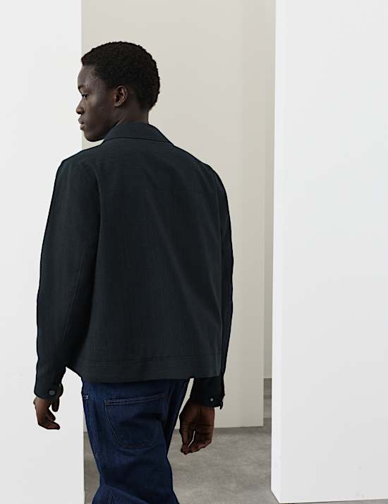 Cotton Blend Textured Harrington Jacket