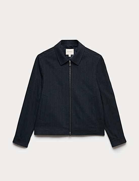 Cotton Blend Textured Harrington Jacket