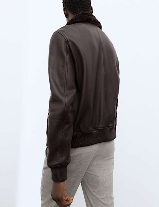 Leather Shearling Collar Bomber Jacket