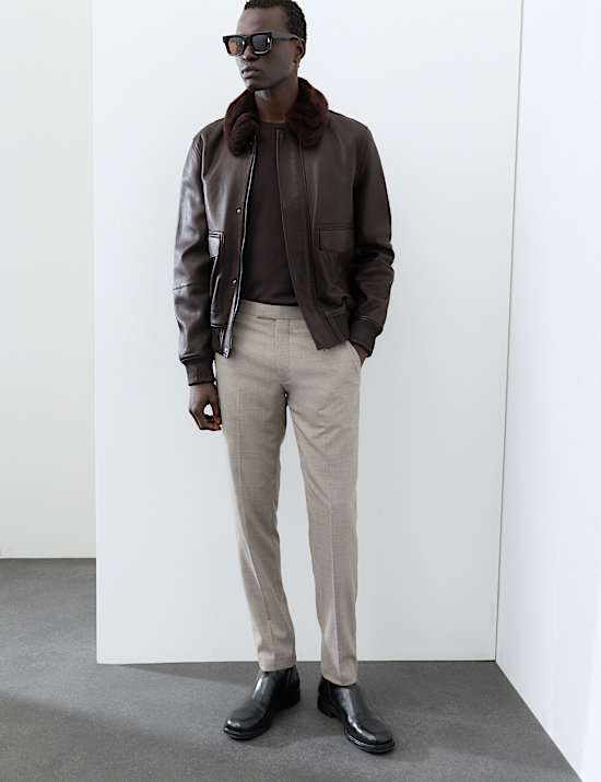 Leather Shearling Collar Bomber Jacket