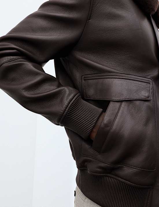 Leather Shearling Collar Bomber Jacket