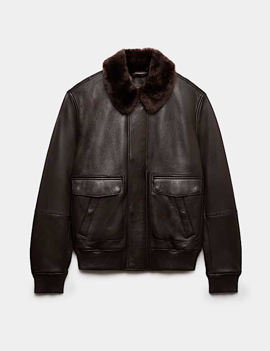 Leather Shearling Collar Bomber Jacket