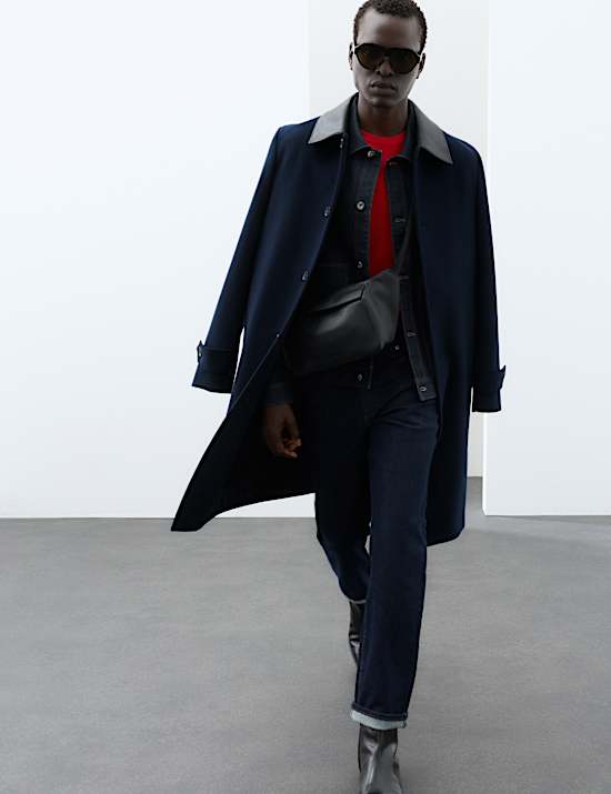 Wool Blend Contrast Collar Car Coat