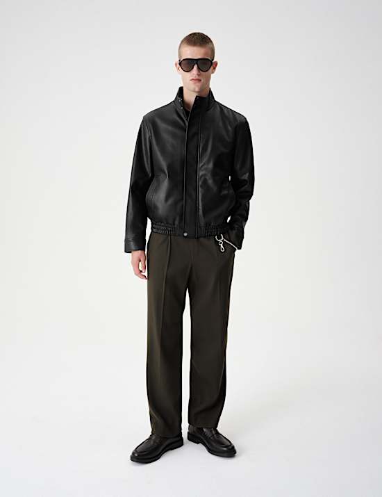 Grained Faux Leather Funnel Neck Jacket