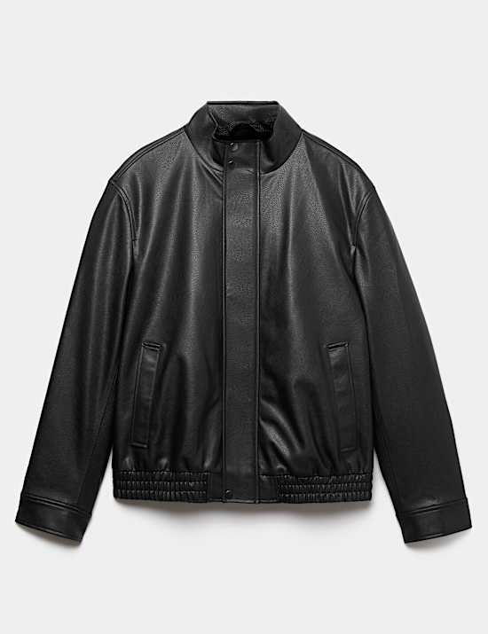 Grained Faux Leather Funnel Neck Jacket