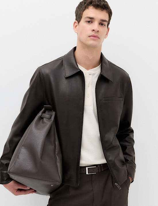 Faux Leather Textured Harrington Jacket