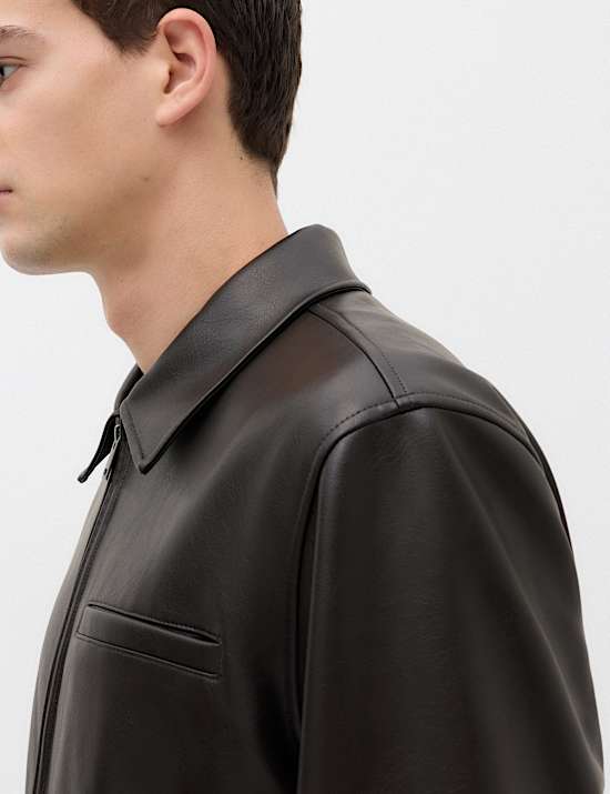 Faux Leather Textured Harrington Jacket