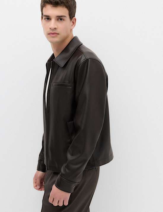 Faux Leather Textured Harrington Jacket