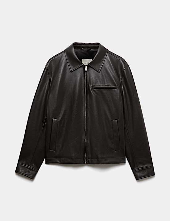 Faux Leather Textured Harrington Jacket