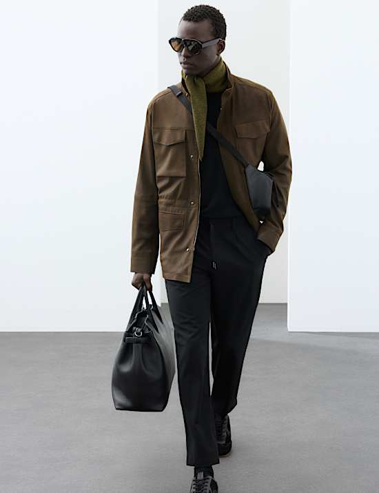 Nubuck Leather Funnel Neck Utility Jacket