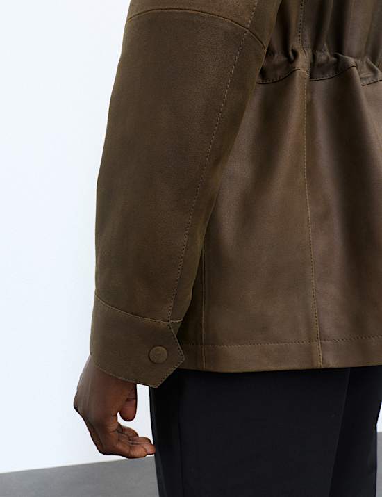 Nubuck Leather Funnel Neck Utility Jacket