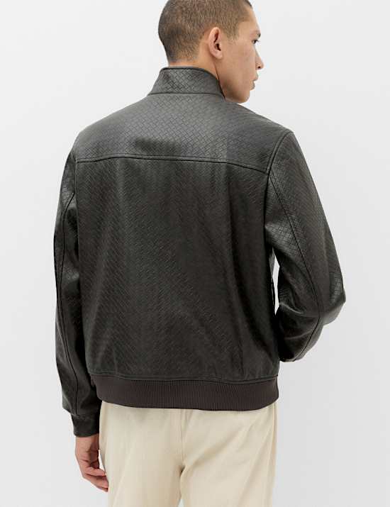 Faux Leather Textured Funnel Neck Jacket