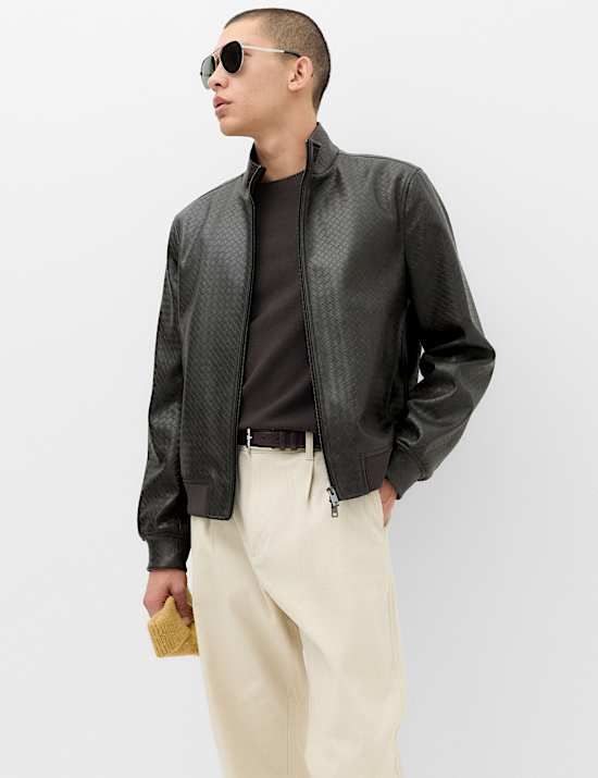 Faux Leather Textured Funnel Neck Jacket